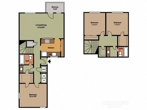 Apartment floor plan with living area, kitchen, and two bedrooms.